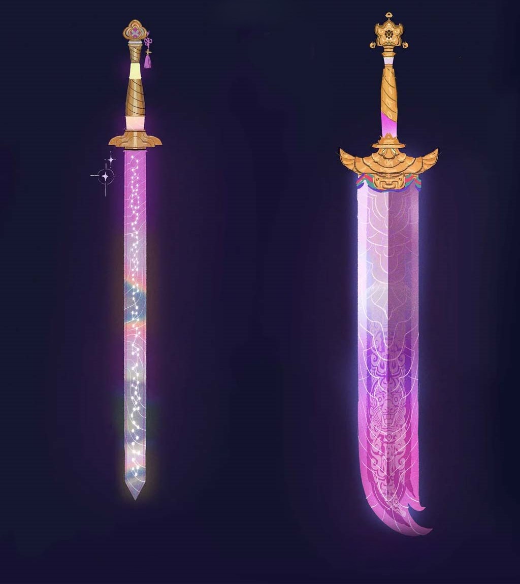 A picture of two pink neon swords side by side.
